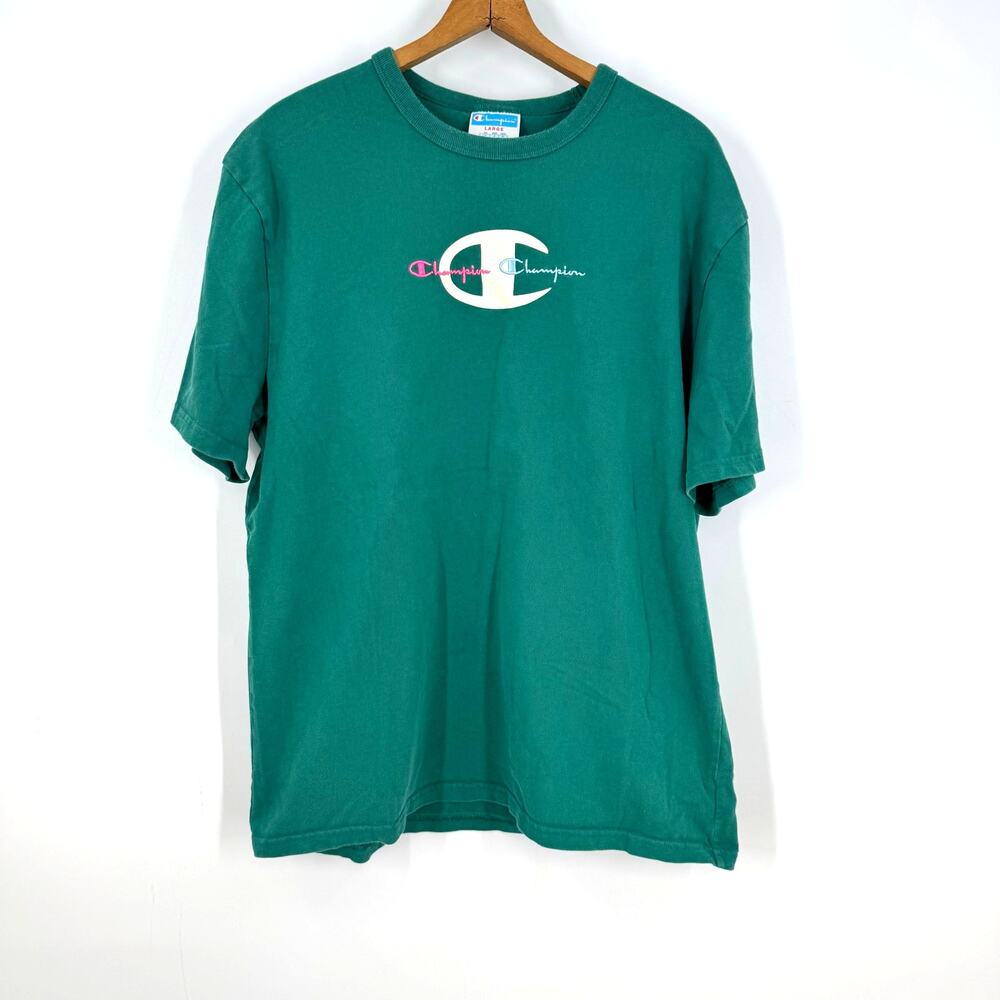 Vintage Champion Tee Shirt L Unisex Green Embroidered Spellout Logo Y2K